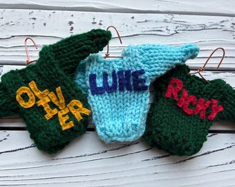 Custom knitted mini sweater ornament with your name, personalized holiday ornaments, hand-crafted Xmas sweater ornament, monogram, initials