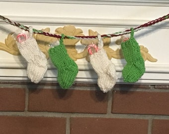 Miniature Stocking Christmas Garland, Christmas Bunting w mini stockings, xmas stocking ornaments, handmade Christmas decor, xmas decor knit