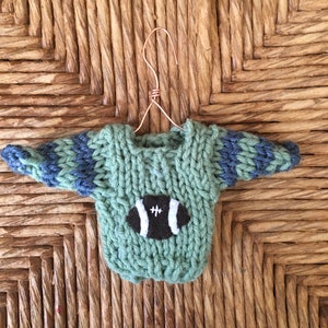 Football Ornament, Tiny Sweater Ornament in green and blue w football applique, coach gift, football team gift. football player. sports fan