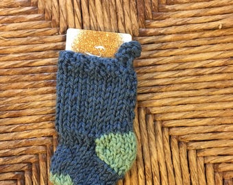 Unique Gift Card Holder, min xmas stocking fits gift card, blue and green, holiday ornament, hand knit tiny stocking ornament, handmade