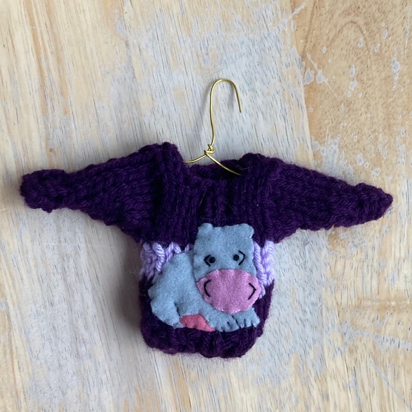 Hippo Ornament, Mini Sweater Ornament w Hippopotamus Applique, animal lover, baby hippo, xmas hippo love, hippo theme