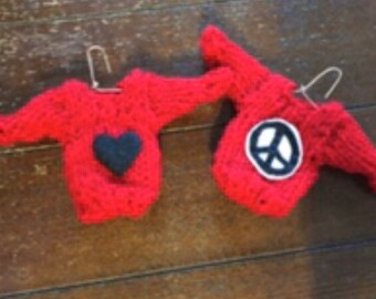 Set of 2 Miniature Sweater Ornaments heart and peace sign, Tiny Sweater Ornament w peace sign and heart, hippie, boho, bohemian