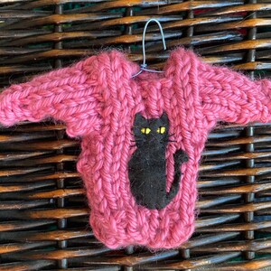 Black Cat Halloween Ornament, Bright Orange Mini Sweater w Spooky Cat applique, cubicle office decor, halloween party favor, Black Cat Lover