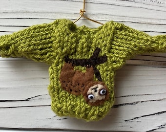 Sloth Ornament, Mini Christmas Sweater Ornament w Hanging Sloth Applique