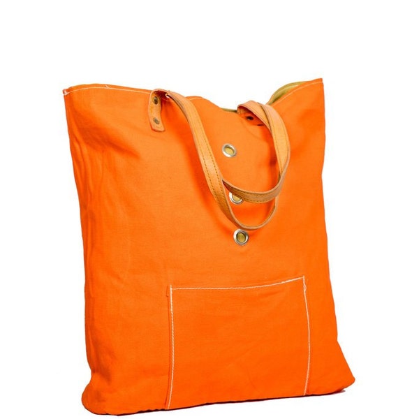 Reversible Canvas Bag with leather handles- Women's bag, Eco Friendly, Reusable bag, Contrasting colours, Orange bag, Young bag, Strong bag