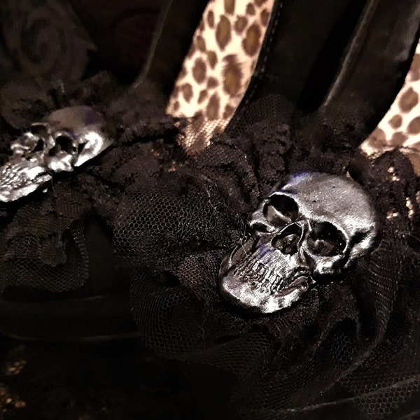 Skull Shoe Clips with Hand Sewn Black Lace for Any Shoes (Custom Orders - Any Colour Skull)