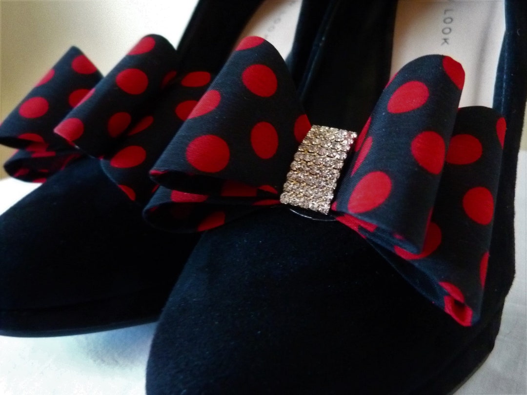 Polka Dot Bow and Diamante Shoe Clips pair Rigid Bow Etsy UK