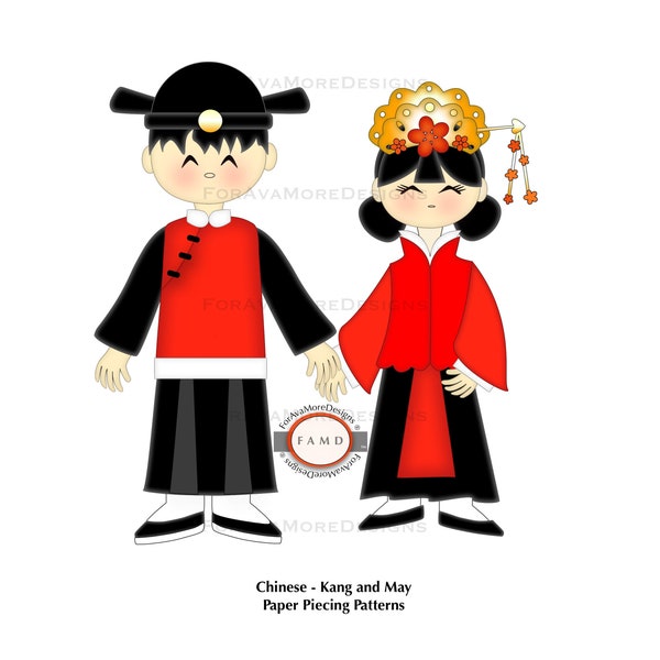 Chinese Traditional Wedding Paper Dolls SVG Digital Die Cut Patterns Templates for Card Making, Scrapbooking, and Invitations