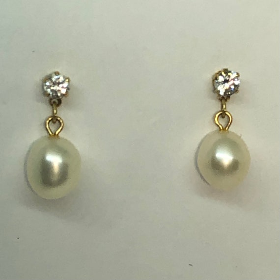 14K Gold Diamond & Pearl Vintage Earrings, Diamon… - image 2