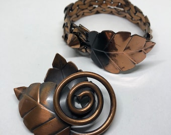 REBAJES Leaf Copper Jewelry Set, Rebajes Copper Cuff Bracelet Fits 5” To 6” Wrist and Brooch, Mid Century 1950s Copper Jewelry Set, Signed