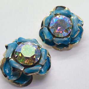 Vintage Aurora Borealis Rhinestone Blue Enamel Flower Clip On Earrings