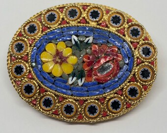Blue Micro Mosaic Brooch, Flower Micro Mosaic Brooch,