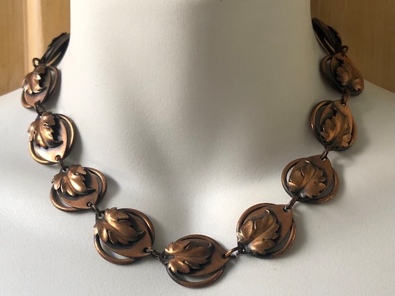 MORLEY CRIMI Leaf Copper Choker Necklace, Mid Century Modern 1950s Copper Necklace, Signed Morley Crimi Hand Wrought, 16 1/2” L