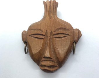 Vintage Artisan Handmade Wood Brutalist Brooch Pin African Carved Head Face with Metal Hoop Earrings