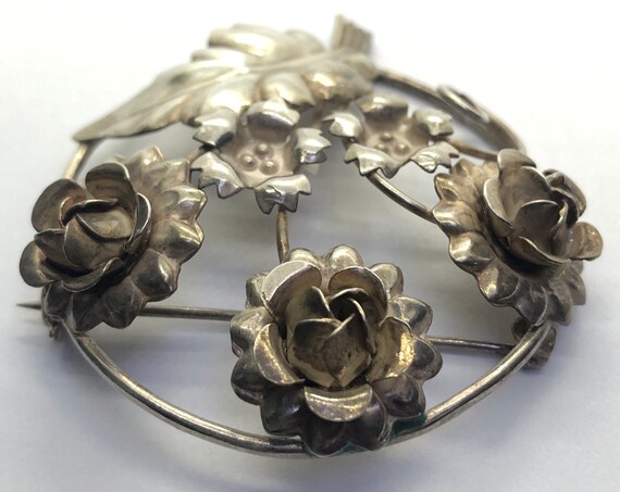 STERLING SILVER Roses Flower Brooch - Gem