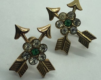 Vintage Rhinestone Green Flower and Cupid Arrow Screwback Earrings