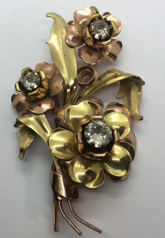 Large Copper, Brass & Rhinestone Flower Statement… - image 7