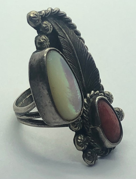 Navajo Red Coral And Mother of Pearl Silver Ring,… - image 3