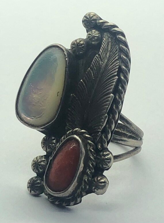 Navajo Red Coral And Mother of Pearl Silver Ring,… - image 4