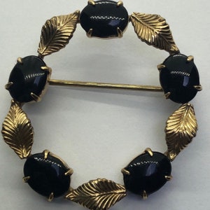 Vintage GF Delicate Black Mourning Wreath Brooch, Signed WRF 1/20- 12k GF