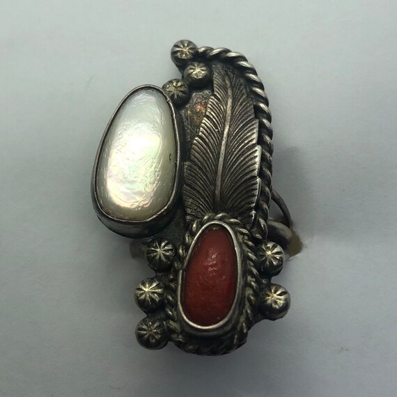 Navajo Red Coral And Mother of Pearl Silver Ring,… - image 5