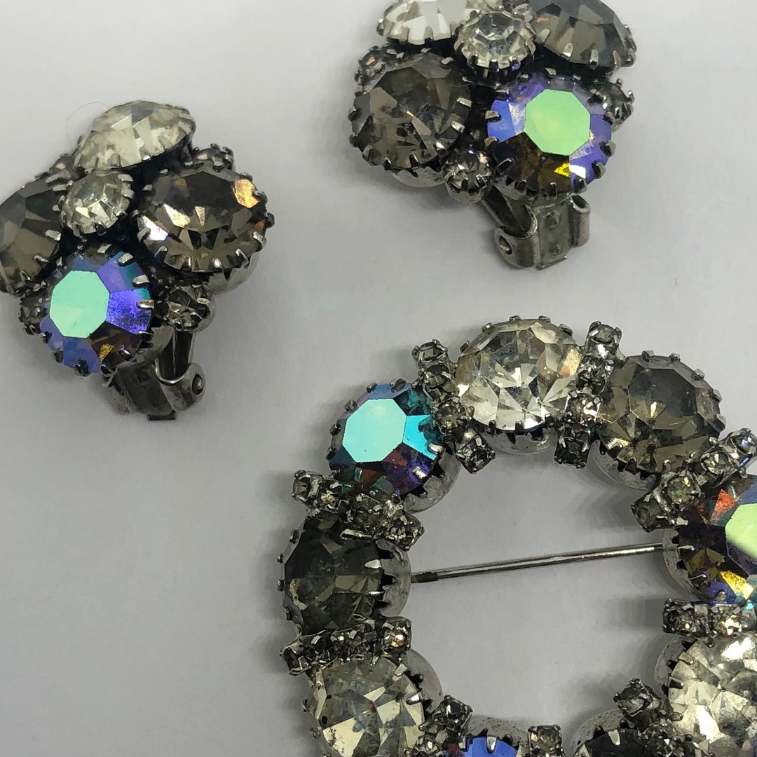 KARU Jewelry Set, KARU Arke Aurora Borealis Brooch and Clip on Earrings