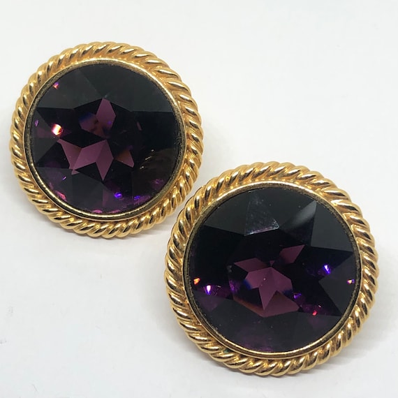 NAPIER Purple Crystal Round Earrings Screwbacks, Signed Napier