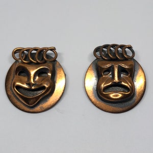 Theatre Tragedy Mask Comedy Mask Brooches Lot of 2, Gift For Theatre Actor, Mid Century Modern 1950s Copper Brooches