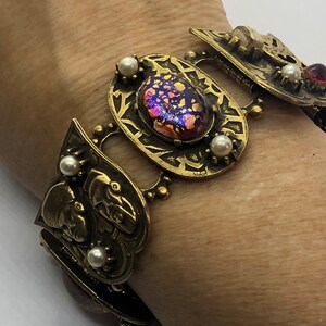 Renaissance Style Opalescent Gold Colored Linked Bracelet, Medieval Style Vintage Linked Bracelet 7 1/2”L