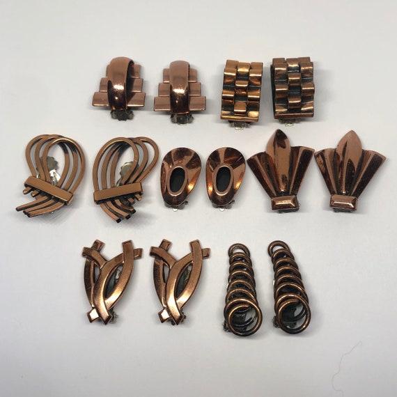 RENIOR Copper Clip On Earrings Lot of 7, Vintage … - image 1