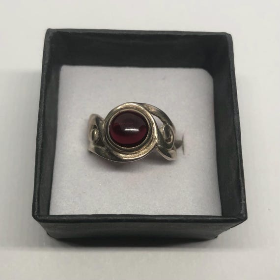 Sterling Silver Garnet Ring, Ring Size 5 1/2, Handmade Unmarked Sterling Silver Round Cabochon Garnet Ring