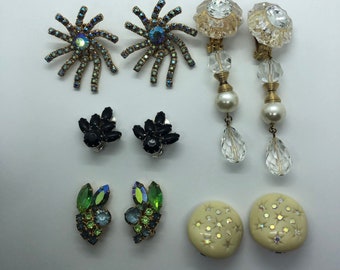 Vintage Clip On Earrings, Lot of 5 Pairs of Clip On Earrings, Signed - 1 Pair of WEISS, 1 Pair of KRAMER, 1 Mina Designs