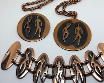 REBAJES Dancers Copper Jewelry Set, Copper Bracelet 6 3/4” L, Necklace 18” L and Brooch, Mid Century 1950s Copper Jewelry Set