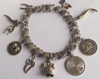 Vintage Silver Charm Bracelet, 7 5/8” L, Liberty Bell Charm, Sweet Hearts Charm, Cape Cod Charm Vintage Twin Cherubs Charm
