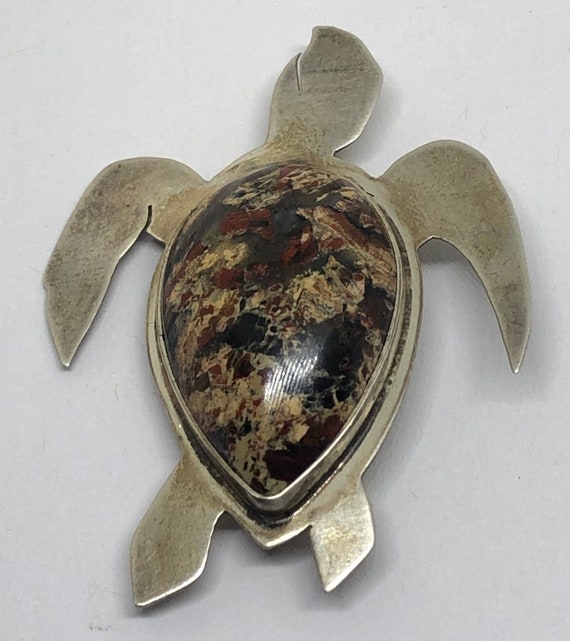 Sea Turtle Sterling and Agate Brooch, Sterling Si… - image 4