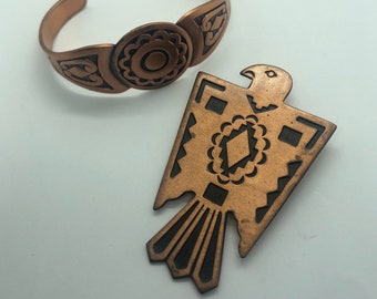 BELL TRADING POST Cuff Bracelet & Thunderbird Brooch, Bell Trading Post Jewelry Lot of 2, Signed