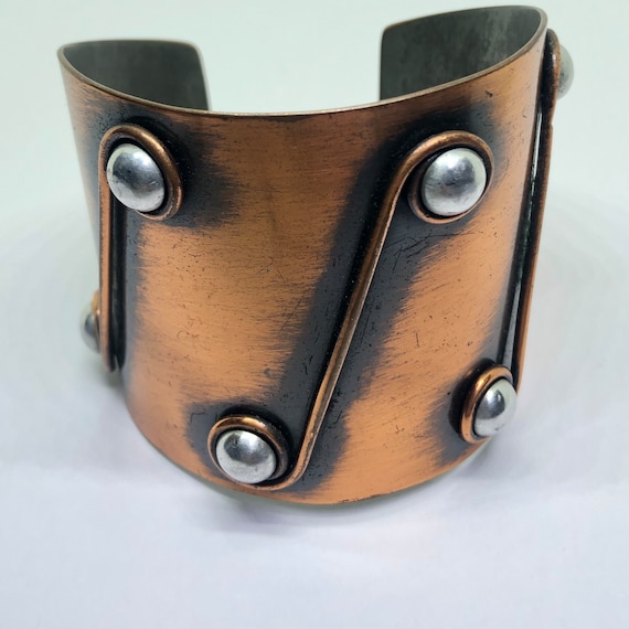 PEDRO PUJOL Copper & Silver Cuff Bracelet, Mid Century 1950s Copper Silver Cuff