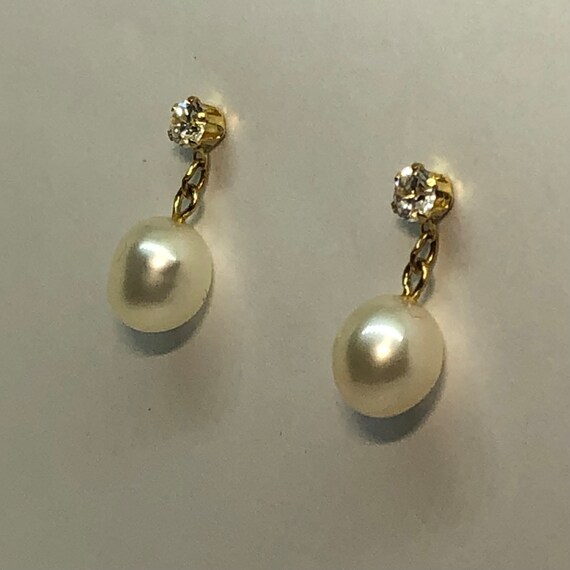 14K Gold Diamond & Pearl Vintage Earrings, Diamon… - image 3