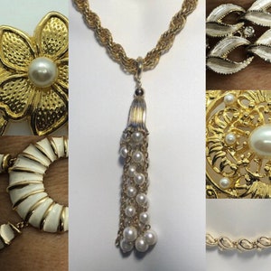 Costume Jewelry Lot, Lot of 6 Jewelry Pieces, 2 Necklaces, 2 Brooches, 2 Bracelets, Sizes In Description