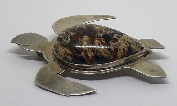 Sea Turtle Sterling and Agate Brooch, Sterling Si… - image 5