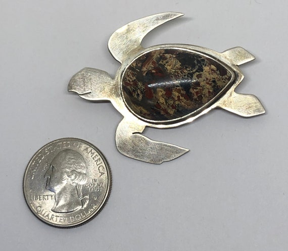 Sea Turtle Sterling and Agate Brooch, Sterling Si… - image 2