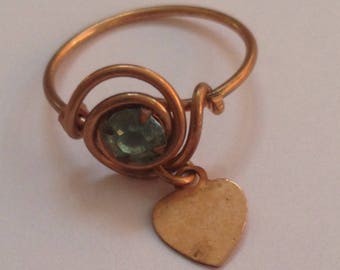 Art Deco Ring, Charm Ring, Dangle Ring, Genuine Vintage 1940's Twisted Wire Ring with Heart Dangle and Blue Glass Stone, Ring Size 5