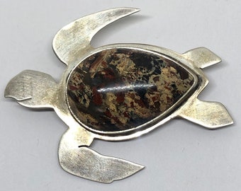 Sea Turtle Sterling and Agate Brooch, Sterling Silver Turtle Brooch, Signed GFMW - Great Falls Metal Work