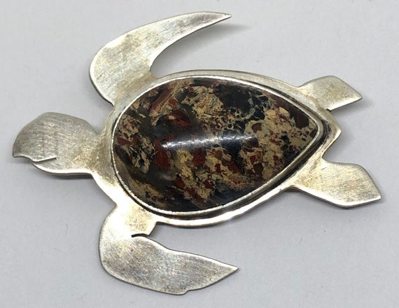 Sea Turtle Sterling and Agate Brooch, Sterling Si… - image 1