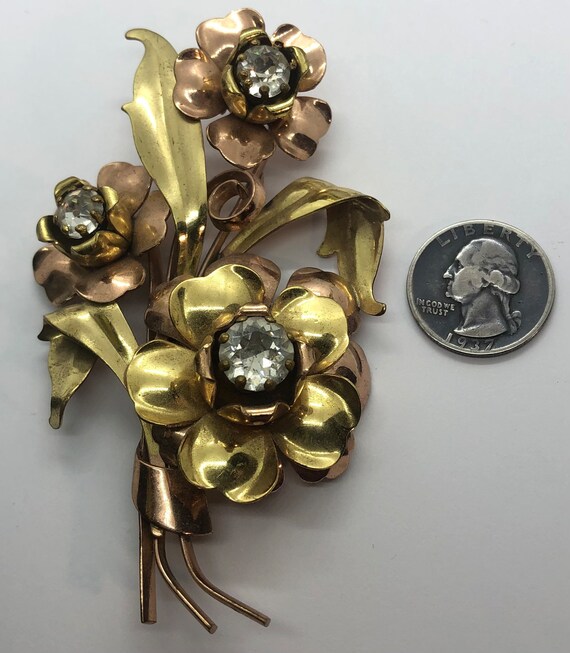 Large Copper, Brass & Rhinestone Flower Statement… - image 2