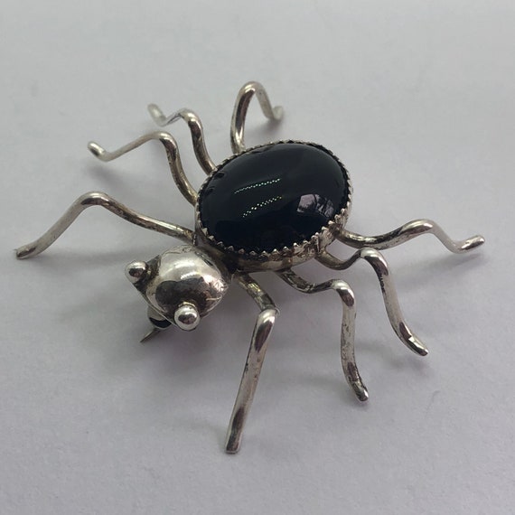 Vintage Silver Black Onyx Spider Brooch