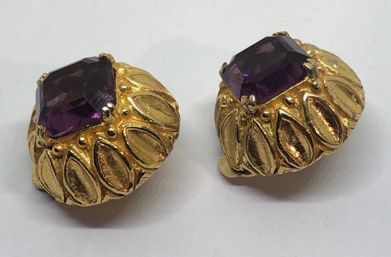 KJL Purple Rhinestone Clip On Earrings, Kenneth J… - image 3