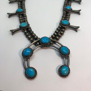 Sterling Silver Navajo Turquoise Squash Blossom Vintage Necklace, Not Signed, 25” L