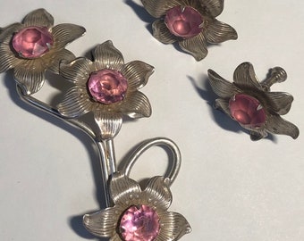 Vintage Sterling Silver Pink Flower Brooch And Screwback Earrings Jewelry Set