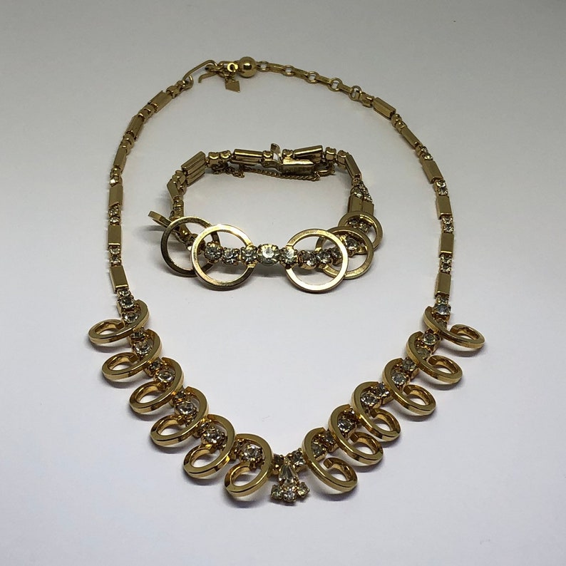 Vintage Rhinestone Costume Jewelry Sarah Coventry Rhinestone Set Vintage 1950s Geometric Necklace and Bracelet Set